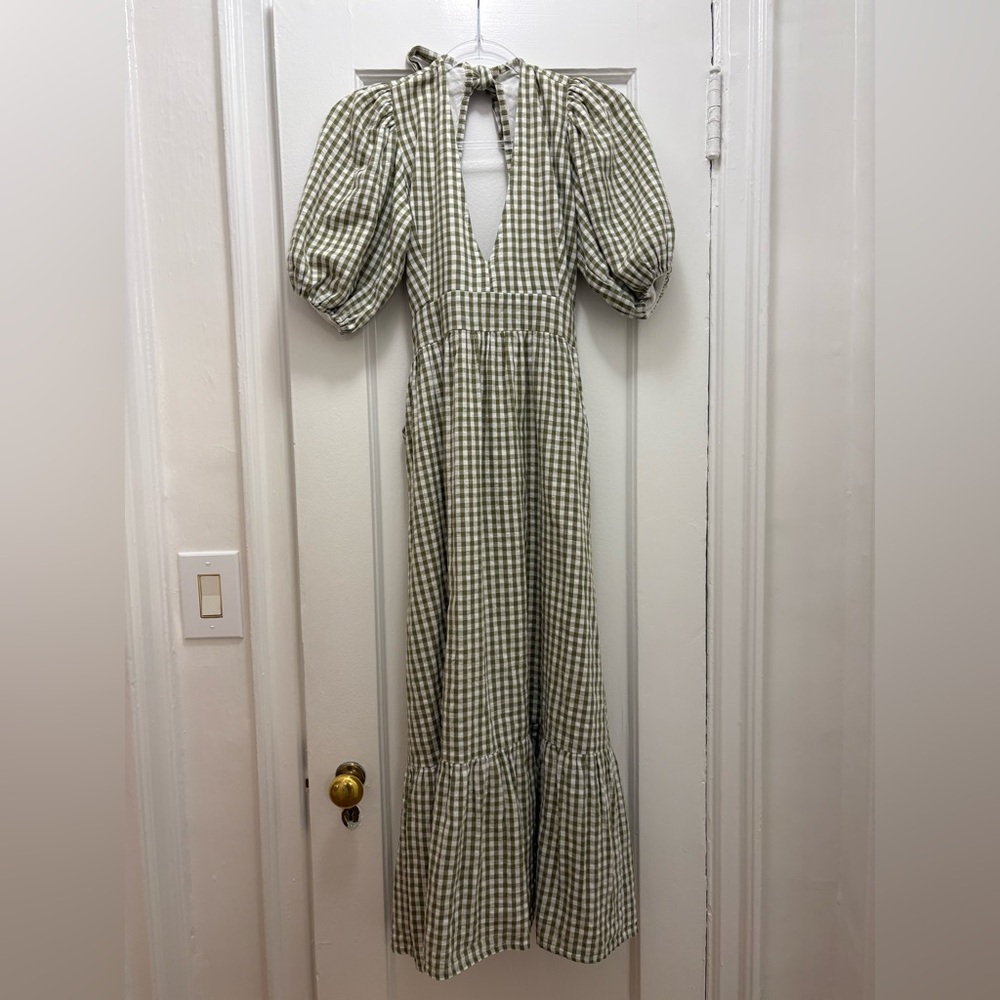 Faithfull the Brand Green and White Puff Sleeve Sundress